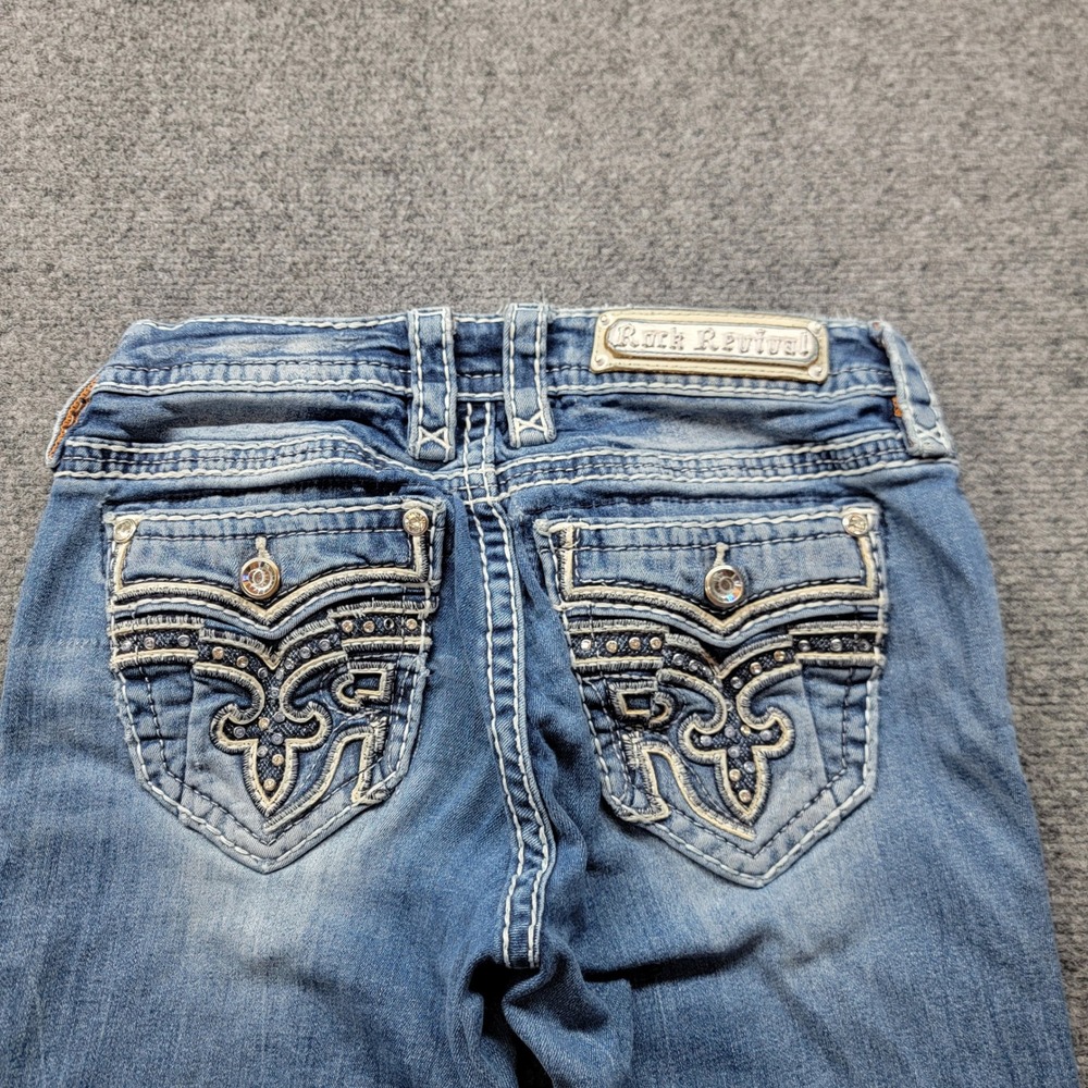 Rock Revival Ferry Bootcut Jeans Womens 27 Medium Wash Distressed Fleur De Lis